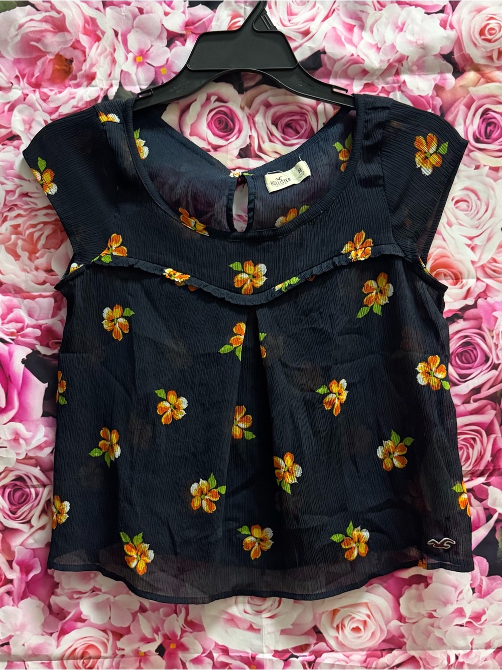 Hollister Deep Navy Blue Floral Cap-Sleeve Sheer Blouse